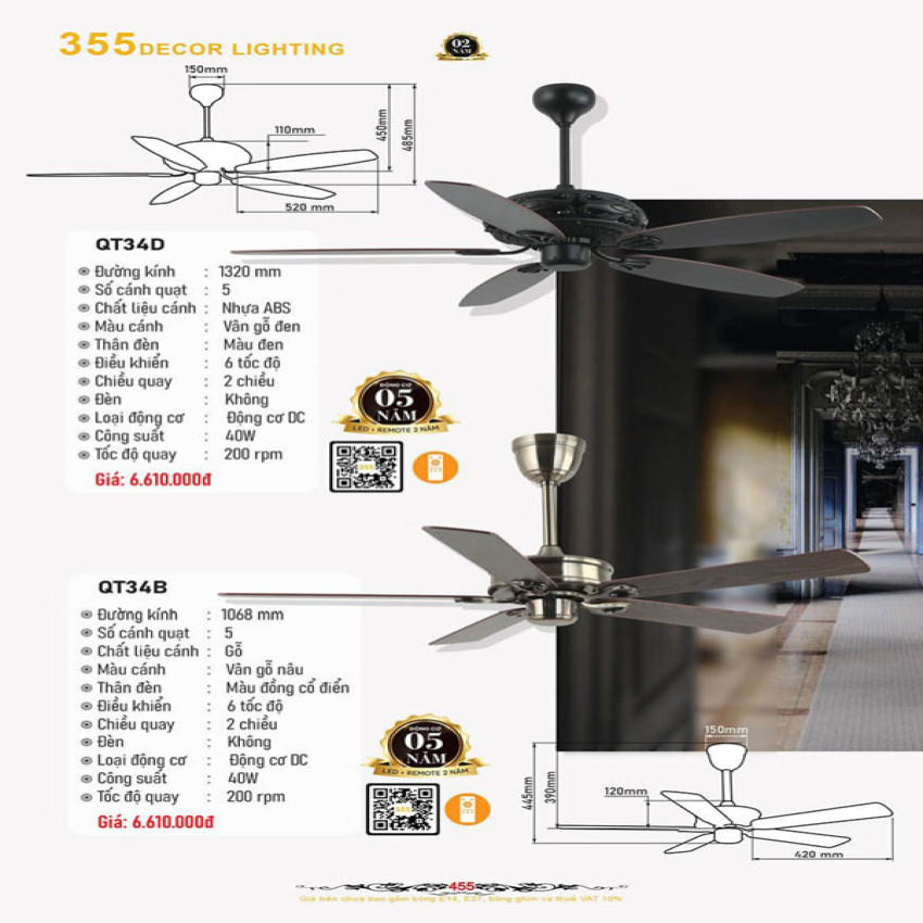 Quạt trần 355 Decor QT34B, QT34D