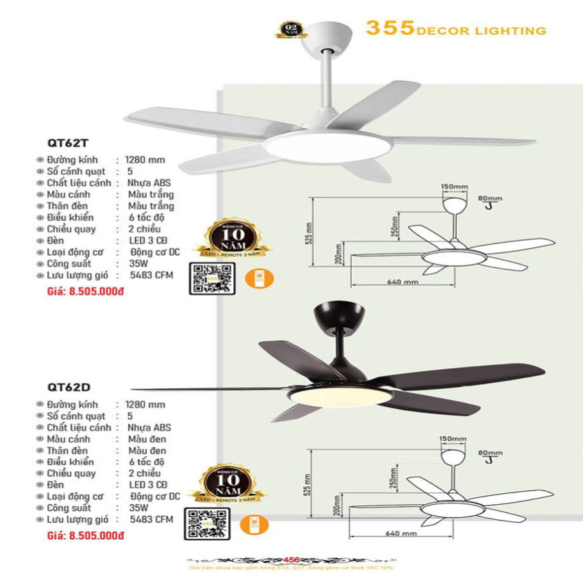 Quạt trần 355 Decor QT62T, QT62D