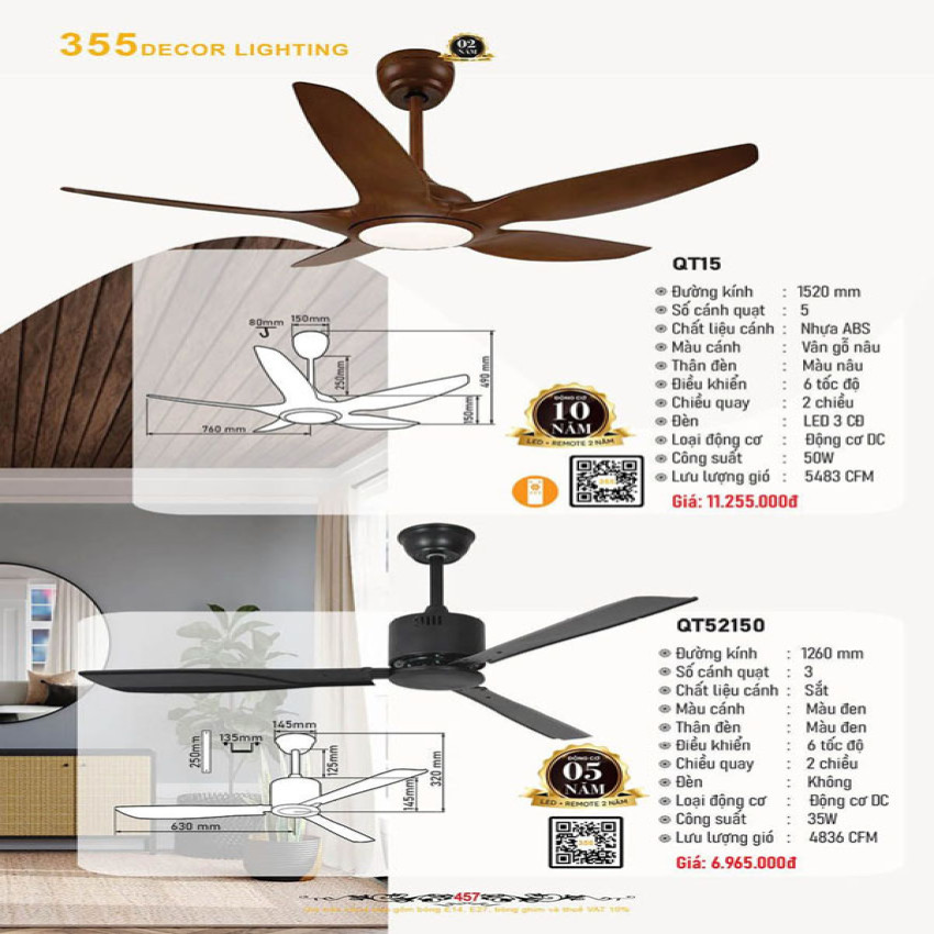 Quạt trần 355 Decor QT15, QT52150