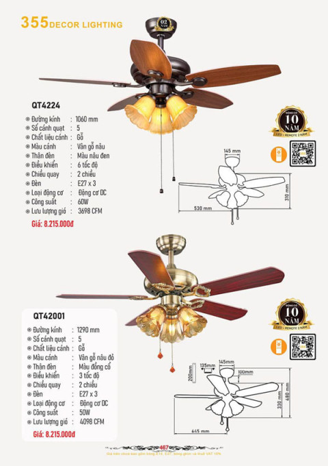 Quạt trần 355 Decor QT4224, QT42001