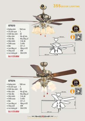 Quạt trần 355 Decor QT5213, QT5214