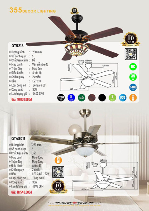 Quạt trần 355 Decor QT5216, QT48011