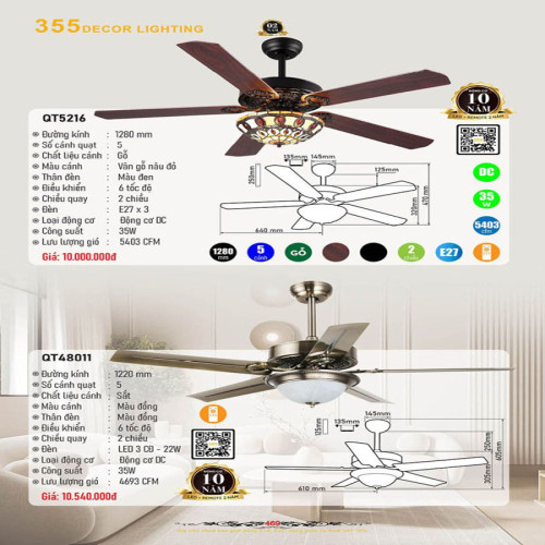 Quạt trần 355 Decor QT5216, QT48011