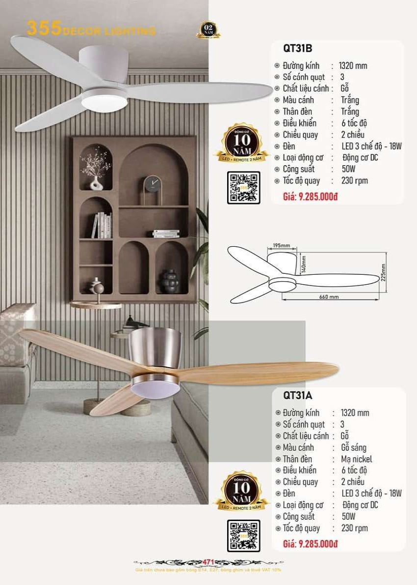 Quạt trần 355 Decor QT31A, QT31B