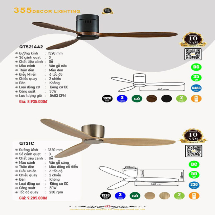 Quạt trần 355 Decor QT521442, QT31C