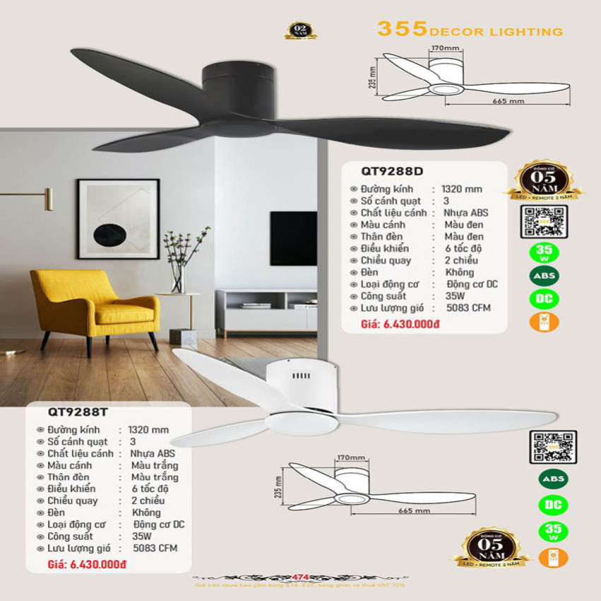 Quạt trần 355 Decor QT9288D, QT9288T
