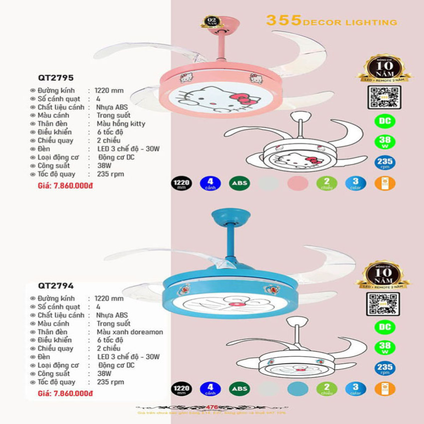 Quạt trần 355 Decor QT2794, QT2795