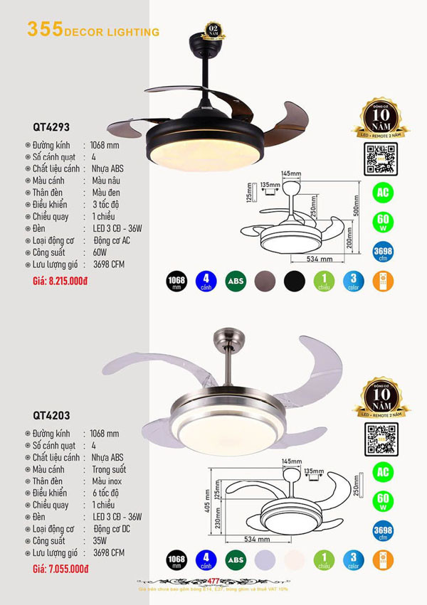 Quạt trần 355 Decor QT4203, QT4293