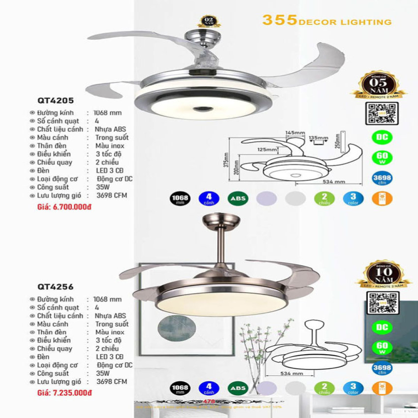 Quạt trần 355 Decor QT4205, QT4256