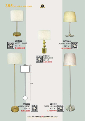 Đèn bàn 355 Decor DB3060, DB3062, DB3080, DD3060, DD3080