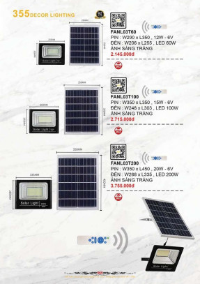 Đèn pha năng lượng mặt trời 355 Decor FANL03T60, FANL03T100, FANL03T200