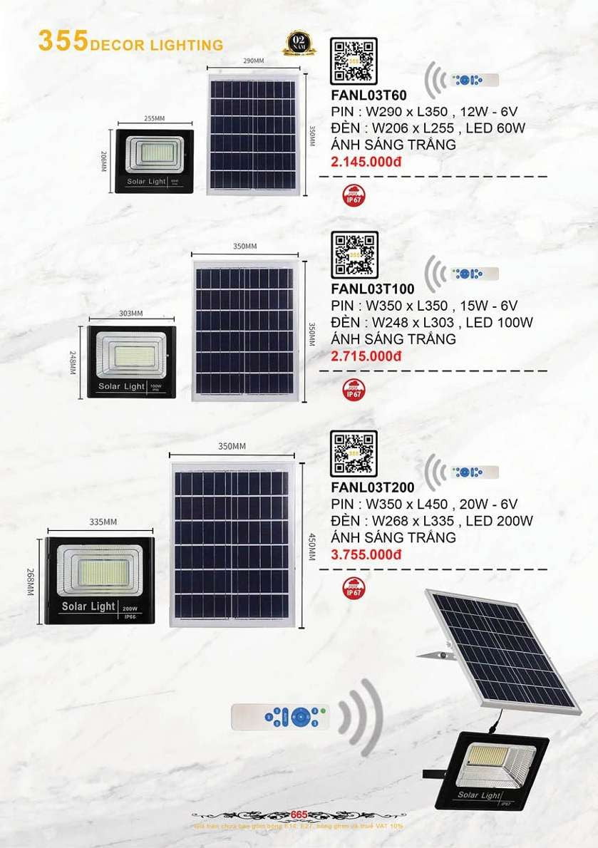 Đèn pha năng lượng mặt trời 355 Decor FANL03T60, FANL03T100, FANL03T200