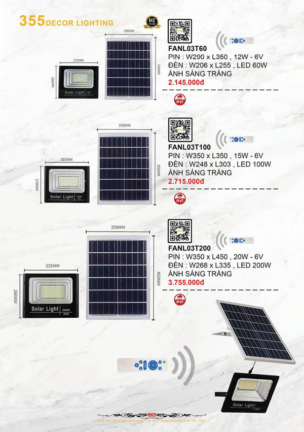 Đèn pha năng lượng mặt trời 355 Decor FANL03T60, FANL03T100, FANL03T200