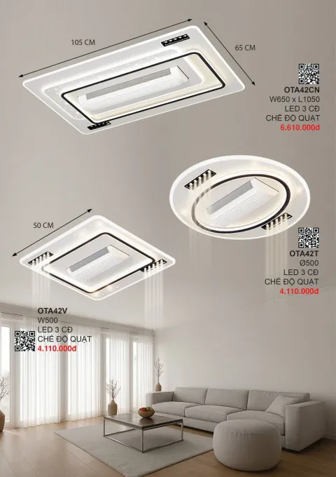 Quạt trần đèn không cánh 355 Decor OTA42CN, OTA42T, OTA42V