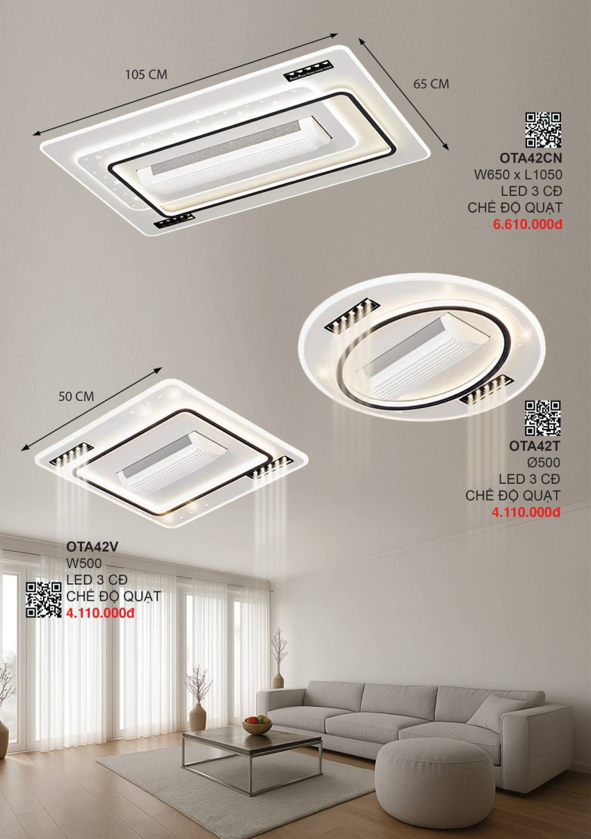 Quạt trần đèn không cánh 355 Decor OTA42CN, OTA42T, OTA42V