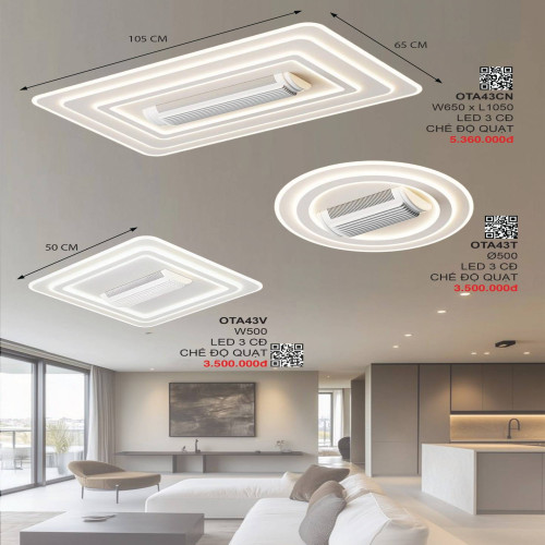 Quạt trần đèn không cánh 355 Decor OTA43CN, OTA43T, OTA43V