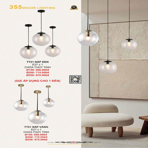Đèn thả thủy tinh 355 Decor TT21 NẮP ĐEN, TT21 NẮP VÀNG