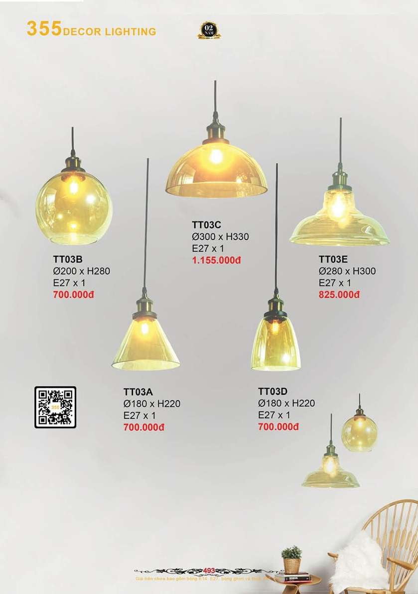 Đèn thả thủy tinh 355 Decor TT03A, TT03B, TT03C, TT03D, TT03E
