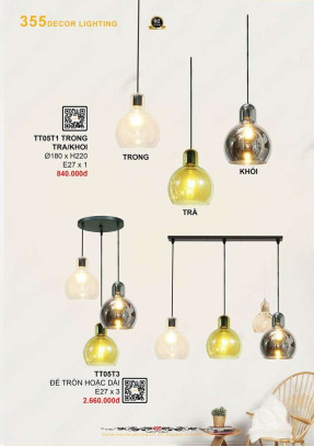 Đèn thả thủy tinh 355 Decor TT05T1 trong/trà/khói, TT05T3