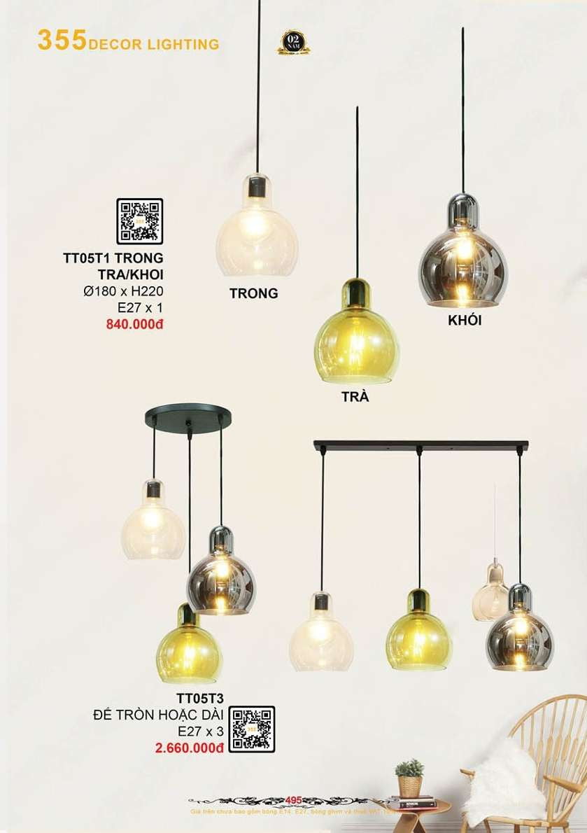 Đèn thả thủy tinh 355 Decor TT05T1 trong/trà/khói, TT05T3