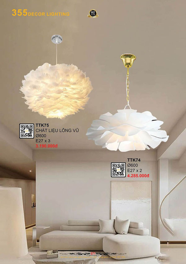 Đèn thả thiết kế lông vũ, bông hoa tuyết trắng 355 Decor TTK74, TTK75