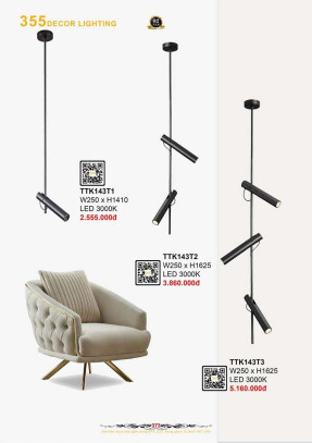 Đèn thả thiết kế 355 Decor TTK143T1, TTK143T2, TTK143T3