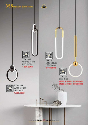 Đèn thả thiết kế 355 Decor TTK135A, TTK135B, TTK76, TTK221