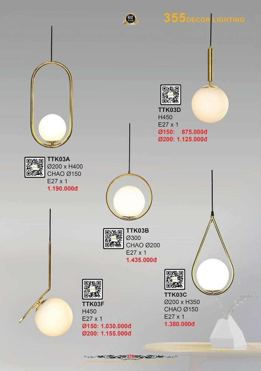Đèn thả thiết kế 355 Decor TTK03A, TTK03B, TTK03C, TTK03D, TTK03F