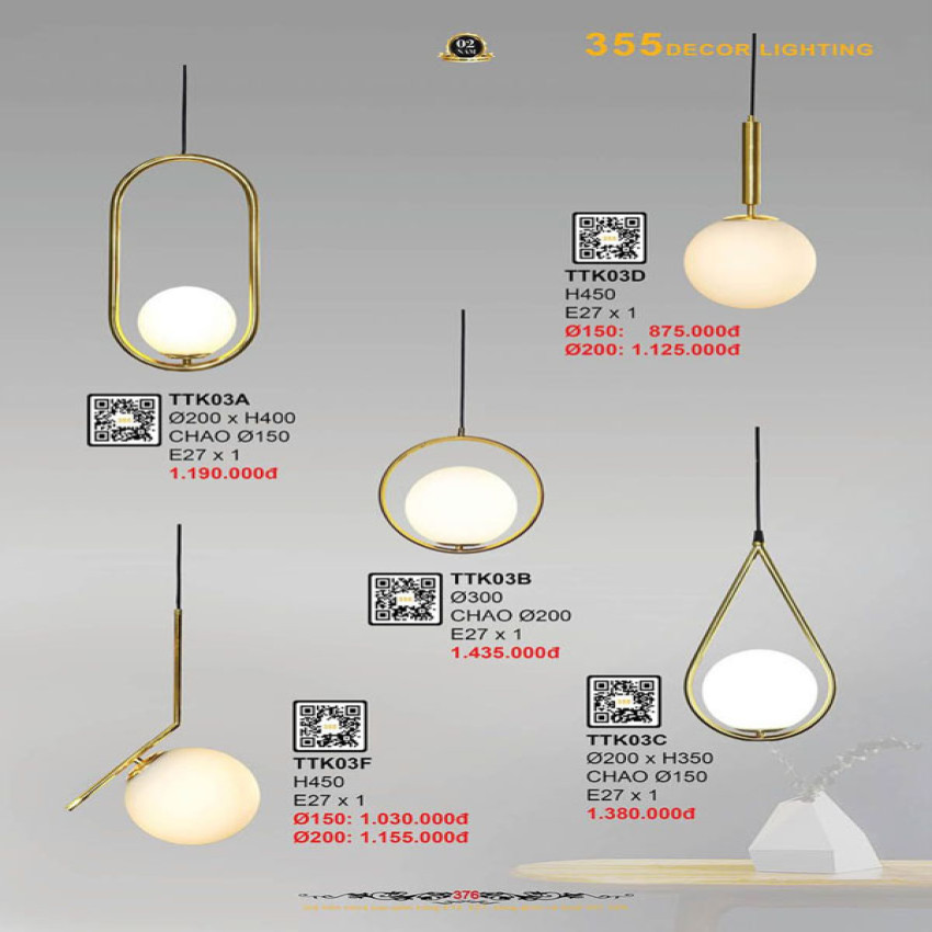 Đèn thả thiết kế 355 Decor TTK03A, TTK03B, TTK03C, TTK03D, TTK03F