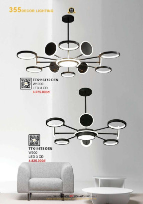 Đèn thả thiết kế 355 Decor TTK116T8 ĐEN, TTK116T12 ĐEN