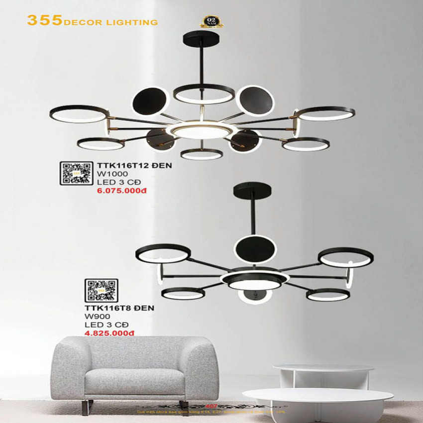 Đèn thả thiết kế 355 Decor TTK116T8 ĐEN, TTK116T12 ĐEN