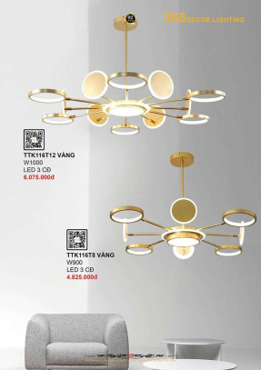 Đèn thả thiết kế 355 Decor TTK116T8 VÀNG, TTK116T12 VÀNG