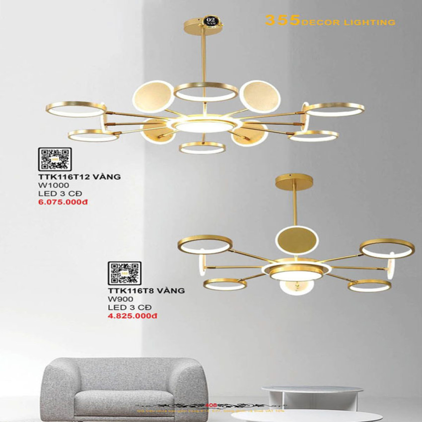 Đèn thả thiết kế 355 Decor TTK116T8 VÀNG, TTK116T12 VÀNG