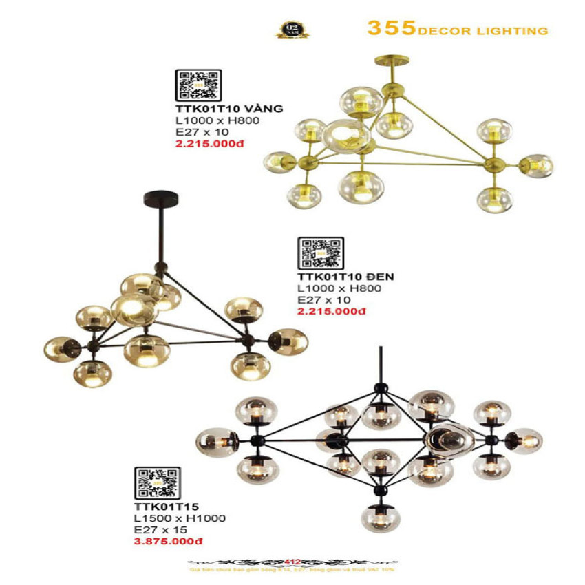 Đèn thả thiết kế 355 Decor TTK01T10 VÀNG, TTK01T10 ĐEN, TTK01T15