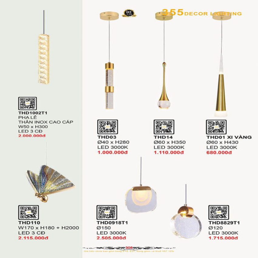 Đèn thả hiện đại 355 Decor THD01 XI VÀNG, THD14, THD03, THD1002T1, THD8829T1, THD0918T1, THD110