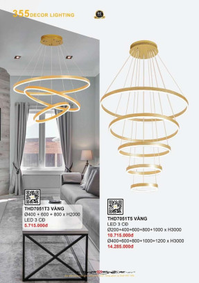 Đèn thả thông tầng 355 Decor THD7051T3 VÀNG, THD7051T5 VÀNG