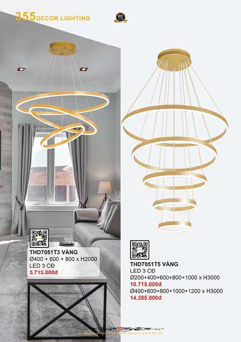 Đèn thả thông tầng 355 Decor THD7051T3 VÀNG, THD7051T5 VÀNG