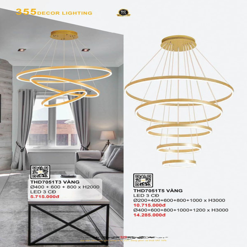 Đèn thả thông tầng 355 Decor THD7051T3 VÀNG, THD7051T5 VÀNG