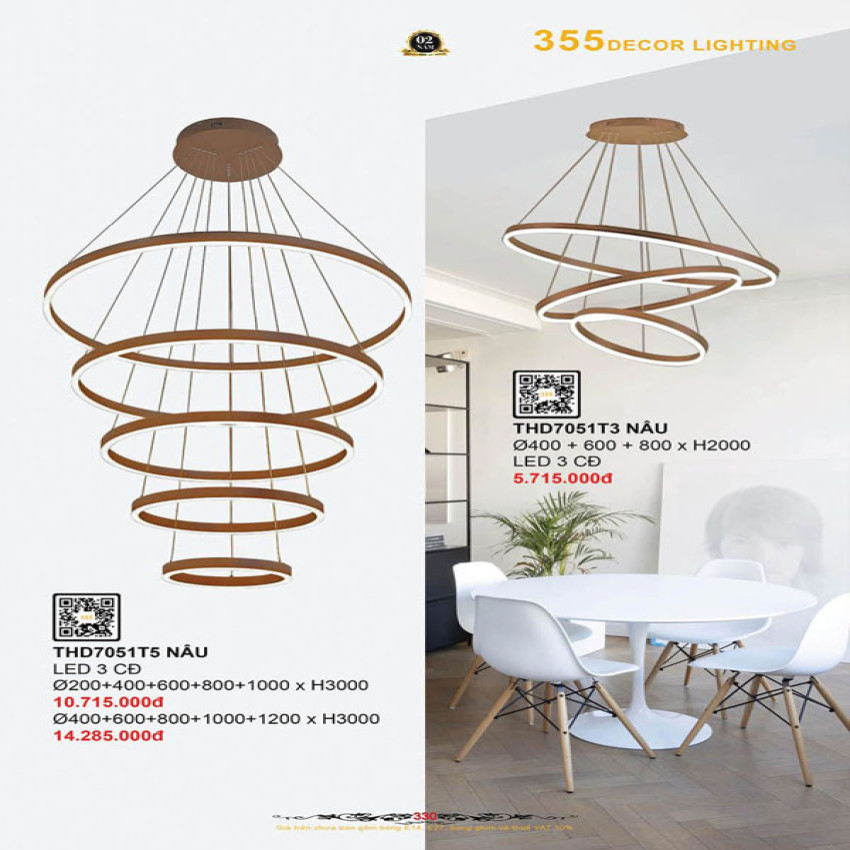Đèn thả thông tầng 355 Decor THD7051T3 NÂU, THD7051T5 NÂU