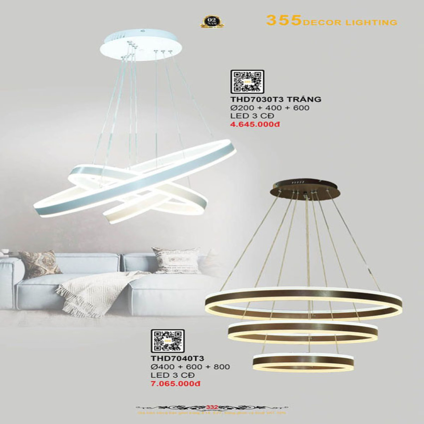 Đèn thả hiện đại 355 Decor THD7030T3 TRẮNG, THD7040T3
