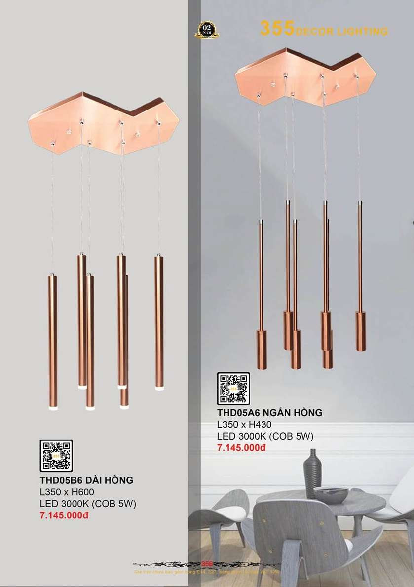 Đèn thả hiện đại 355 Decor THD05A6 NGẮN HỒNG, THD05B6 DÀI HỒNG