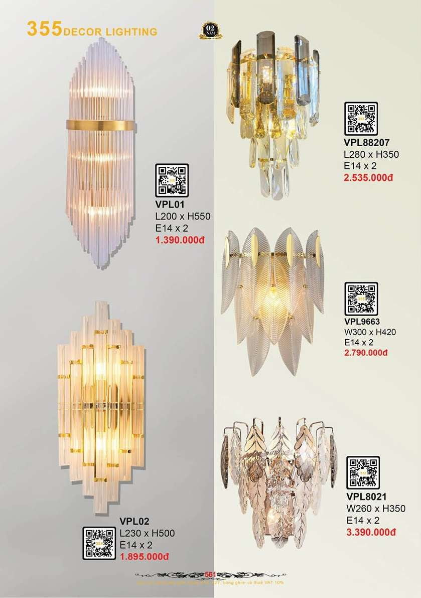 Đèn vách tường pha lê 355 Decor VPL01, VPL02, VPL88207, VPL9663, VPL8021