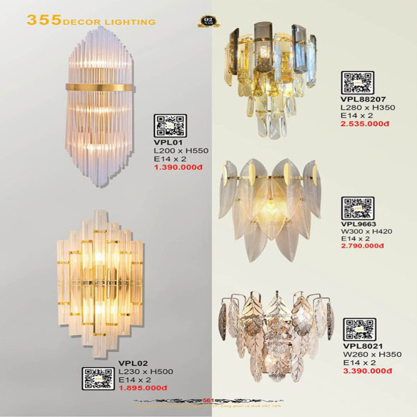 Đèn vách tường pha lê 355 Decor VPL01, VPL02, VPL88207, VPL9663, VPL8021