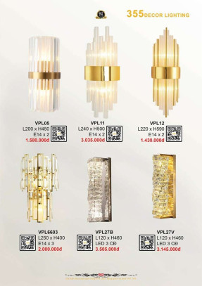 Đèn vách tường pha lê 355 Decor VPL12, VPL11, VPL05, VPL27V, VPL27B, VPL6603