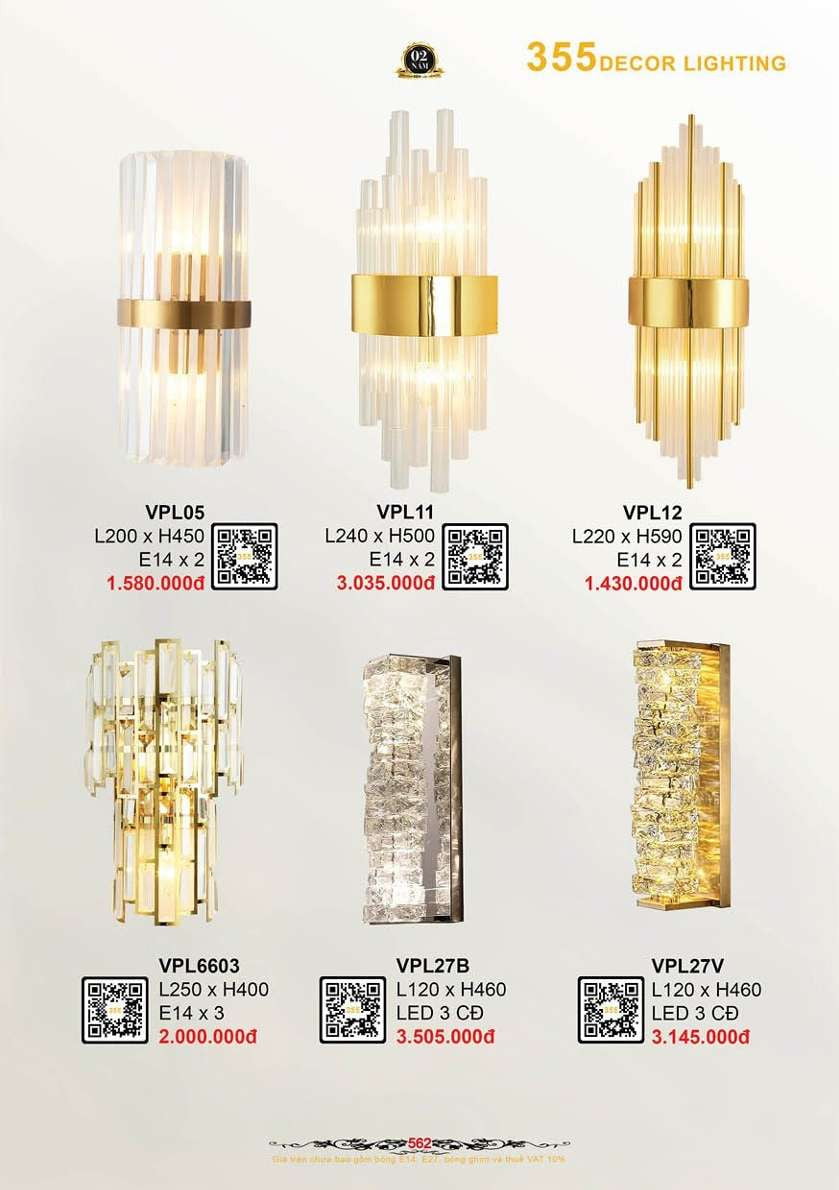 Đèn vách tường pha lê 355 Decor VPL12, VPL11, VPL05, VPL27V, VPL27B, VPL6603