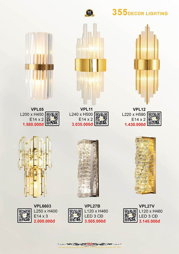 Đèn vách tường pha lê 355 Decor VPL12, VPL11, VPL05, VPL27V, VPL27B, VPL6603