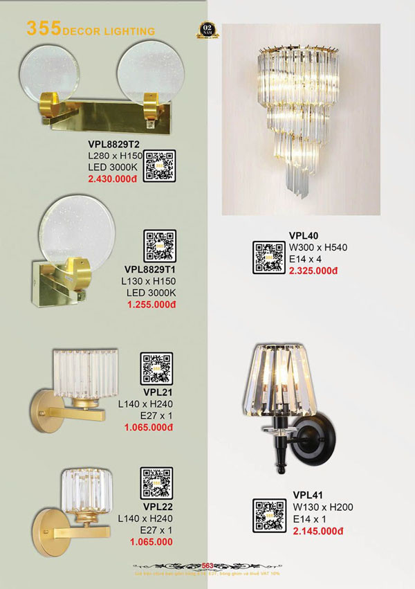 Đèn vách tường pha lê 355 Decor VPL22, VPL21, VPL41, VPL40, VPL8829T1, VPL8829T2