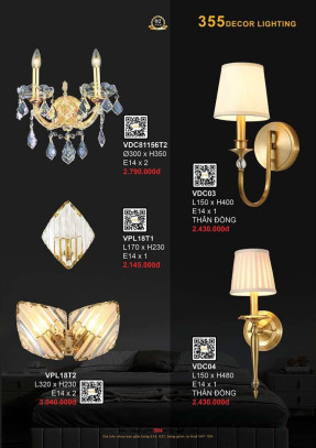 Đèn vách tường 355 Decor VPL18T1, VPL18T2, VDC03, VDC04, VDC81156T2