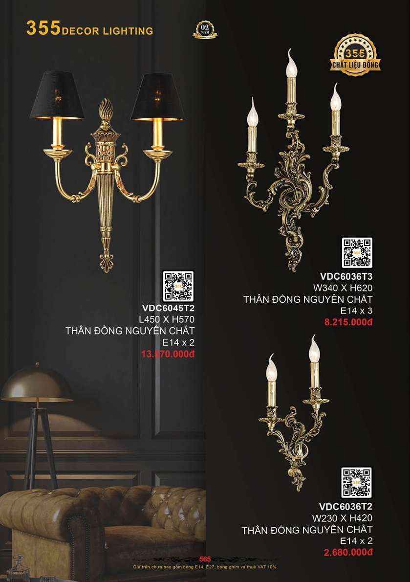 Đèn vách tường đồng 355 Decor VDC6036T2, VDC6036T3, VDC6045T2