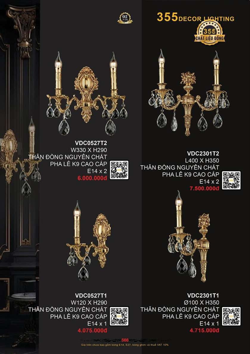Đèn vách tường đồng 355 Decor VDC0527T1, VDC0527T2, VDC2301T1, VDC2301T2
